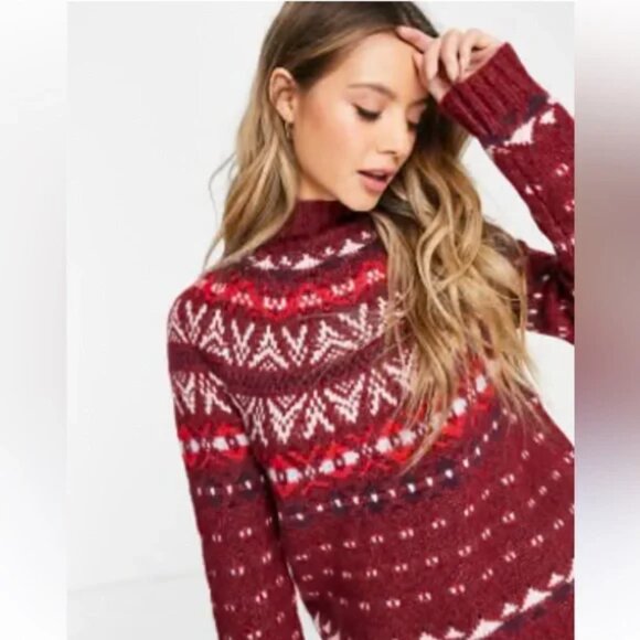 American Eagle Wool Blend Sweater Fair Isle Mock Burgundy Multicolor Women S - Picture 9 of 12